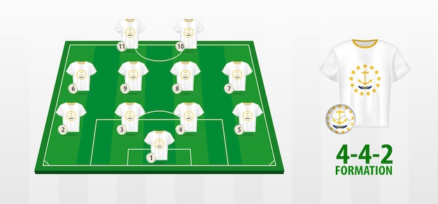 Formación del equipo nacional de fútbol de Rhode Island en el campo de fútbol.