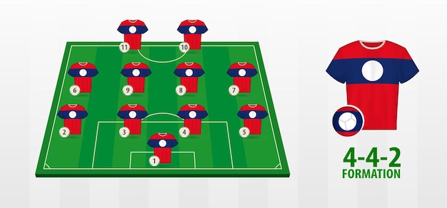 Formación de la selección nacional de fútbol de Laos en el campo de fútbol.