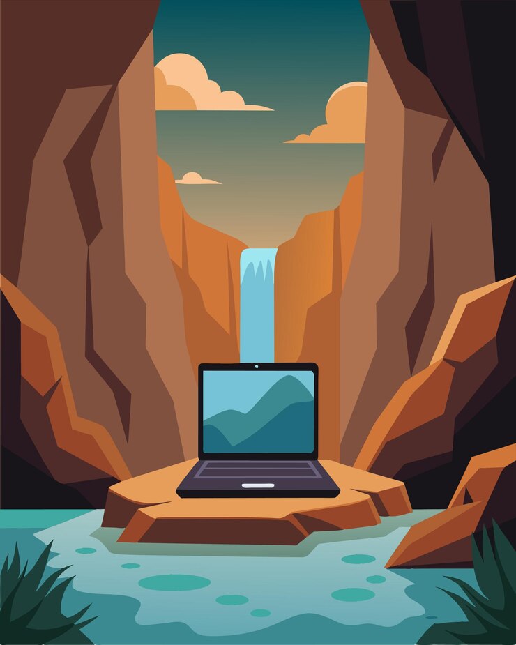 Vector las formaciones rocosas naturales que rodean la configuración de la computadora portátil en este retiro de cascada aislado proporcionan