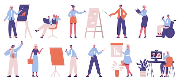 Formadores de empresas. Entrenamiento y coaching empresarial del equipo de oficina, oradores, conjunto de estrategia empresarial
