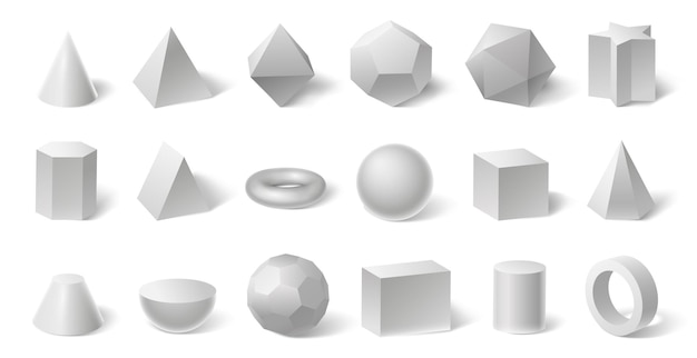 Formas 3d geométricas blancas. Forma de geometría para la educación. Prisma hexagonal y triangular, cilindro y cono, esfera y pirámide aislados en blanco, cuerpos sólidos establecen ilustración vectorial