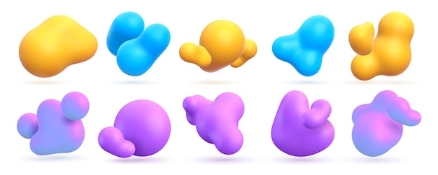 Formas 3d líquidas abstractas, gotas de pintura flotante con degradado. Elementos fluidos o moleculares brillantes realistas. Conjunto de vectores de diseño de arte orgánico