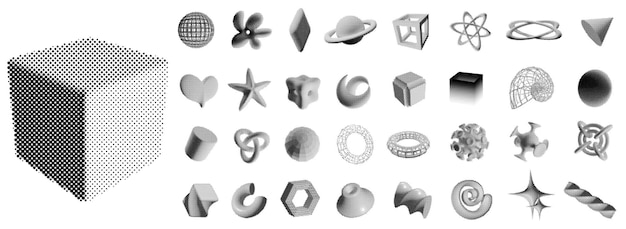 Formas 3D de medio tono Figuras geométricas y formas abstractas con sombreado de medio tono Patrones de gradiente punteado Conjunto de vectores aislados
