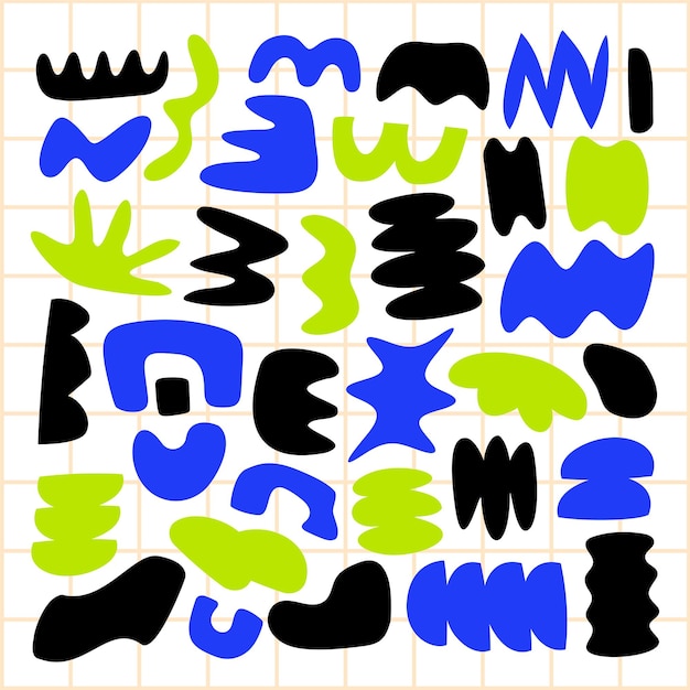 Formas abstractas en azul, verde y negro en un fondo de cuadrícula Diseño abstracto colorido con formas azules, verdes y negras Arte abstracto moderno con formas vibrantes Conjunto vectorial colorido