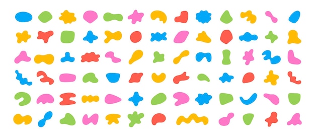 Formas abstractas de colores aleatorios. Conjunto de manchas orgánicas de forma irregular. Mancha simple, mancha de tinta. Ilustración de vector aislado sobre fondo blanco