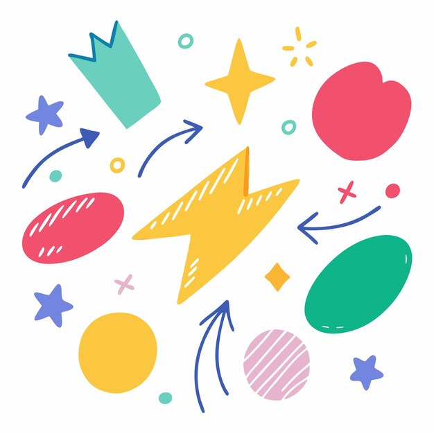 Formas abstractas coloridas, estrellas y flechas para el diseño