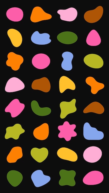 Formas abstractas coloridas sobre un fondo negro Formas vibrantes en rosa, verde, azul y naranja Las formas abstractas crean un patrón artístico lúdico Coloridas formas conjunto de elementos vectoriales