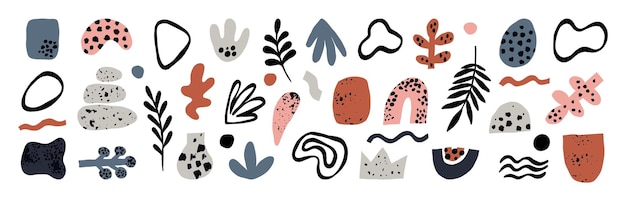 Formas abstractas dibujadas a mano Formas orgánicas primitivas Arte boho moderno Elementos simples Guiones gráficos de moda Piedras y hojas de plantas Decoraciones con textura minimalista Conjunto vectorial llamativo