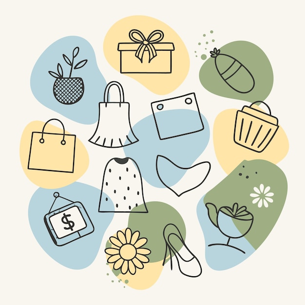 Formas abstractas dibujadas a mano con iconos de compras y estilo de vida sobre un fondo blanco