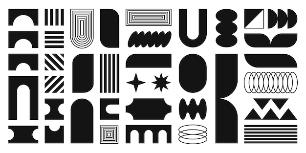 Formas abstractas formas brutales básicas y figuras retro en Y2K estética pegatinas vintage logotipos