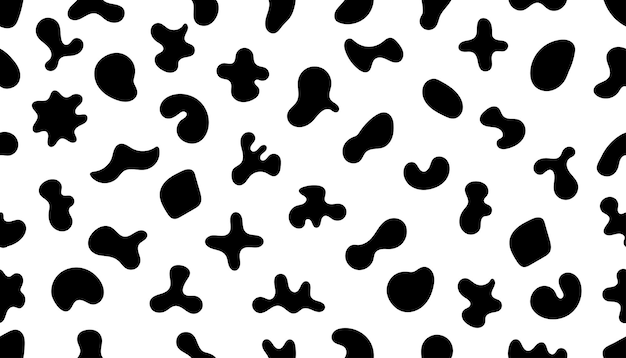 Formas abstractas de garabateo patrón sin costuras vectorial blanco y negro papel tapiz de manchas irregulares de dibujos animados
