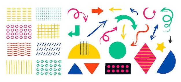 Formas abstractas de garabato Dibujo primitivo de punteros de flecha curva Texturas minimalistas y figuras geométricas de pancartas Símbolos de línea de pintura de dirección Conjunto de elementos coloridos aislados dibujados a mano por vectores