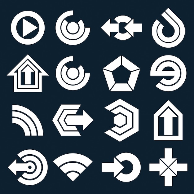Formas abstractas vectoriales planas monocromáticas, diferentes iconos de negocios y colección de elementos de diseño. Flechas abstractas geométricas en blanco y negro para usar como pictogramas de navegación y botones de aplicaciones.