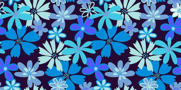 Formas azules monótonas flores abstractas creativas patrón sin costuras sobre un fondo negro