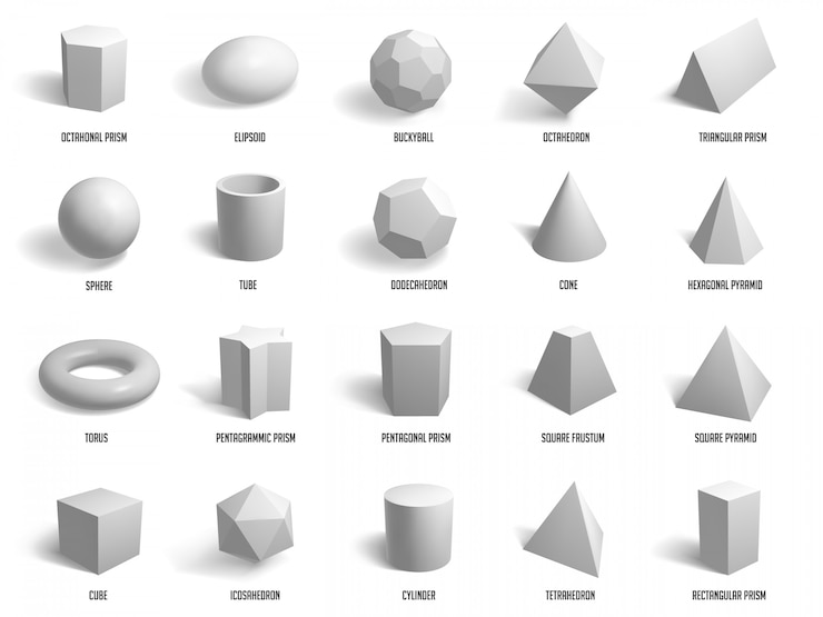 Vector formas básicas realistas. esferas de geometría, formas de cilindro, pirámide y cubo, conjunto de iconos de ilustración de modelo de formas geométricas. modelo de cubo, esfera, polígono, construcción de grupo hexagonal
