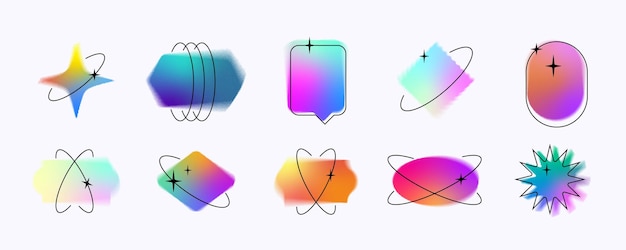 Formas borrosas efecto aura y2k elementos holográficos decorativos coloridos con estrellas banderas en apuros