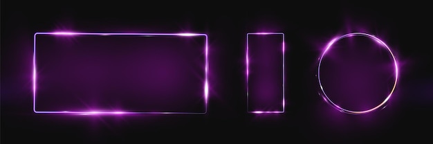 Formas brillantes de neón púrpura sobre un fondo oscuro con un rectángulo circular y un rectangle vertical