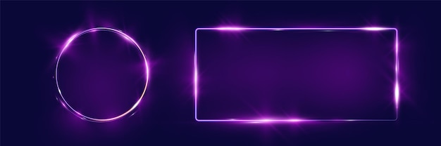 Formas brillantes de neón púrpura sobre un fondo oscuro con un rectángulo circular y un rectangle vertical