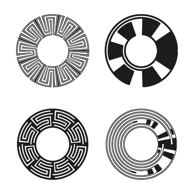 Formas circulares de anillo Símbolos de círculo monocromático Patrón negro vectorial Formas de contorno decorativo