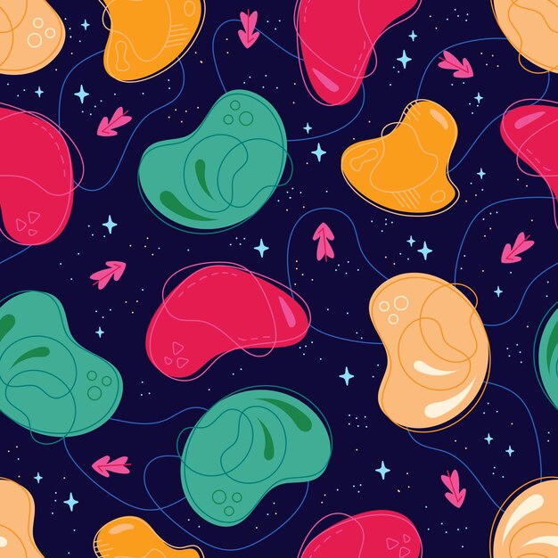Formas coloridas abstractas de patrones sin fisuras sobre fondo azul oscuro Ilustración de arte vectorial