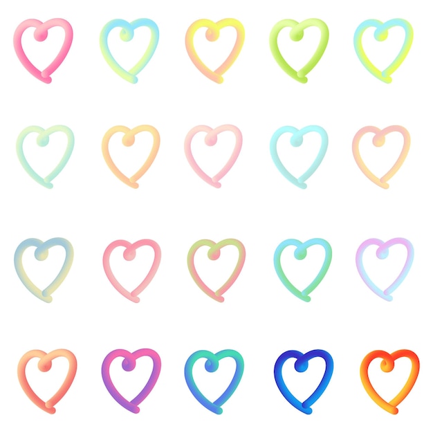las formas de corazón arco iris están dispuestas en una fila
