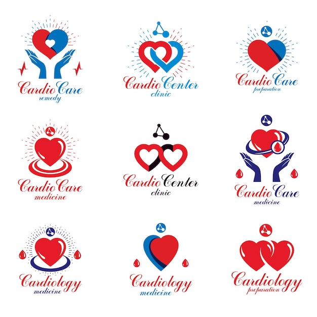 Formas de corazón compuestas con electrocardiogramas pulsantes y conexiones de malla futurista. colección de logotipos vectoriales gráficos del centro de cardio para su uso en farmacia.