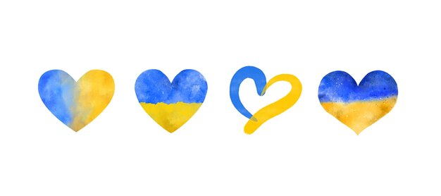 Formas de corazón con dibujo a mano de pincel de textura de bandera de Ucrania en estilo acuarela Ilustración de elementos decorativos de vector de Ucrania