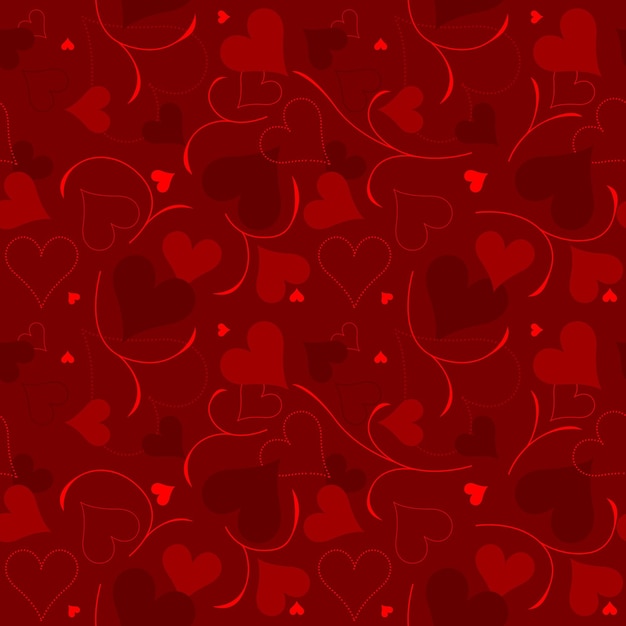 Formas de corazón rojo diferente con hojas abstractas como patrón repetitivo