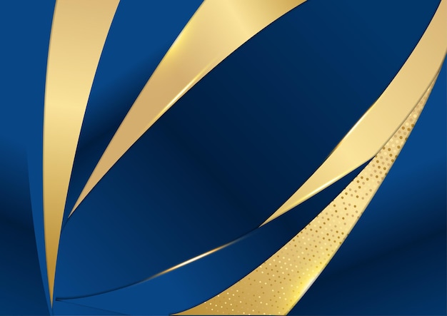Formas curvas de color azul marino oscuro y dorado en el fondo con líneas de rayas doradas brillantes y brillo. Lujo y elegante. Diseño de plantilla abstracta. Diseño para presentación, banner, portada. Vector de moda