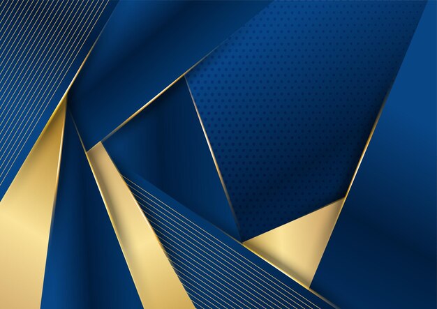 Formas curvas de color azul marino oscuro y dorado en el fondo con líneas de rayas doradas brillantes y brillo. Lujo y elegante. Diseño de plantilla abstracta. Diseño para presentación, banner, portada. Vector de moda