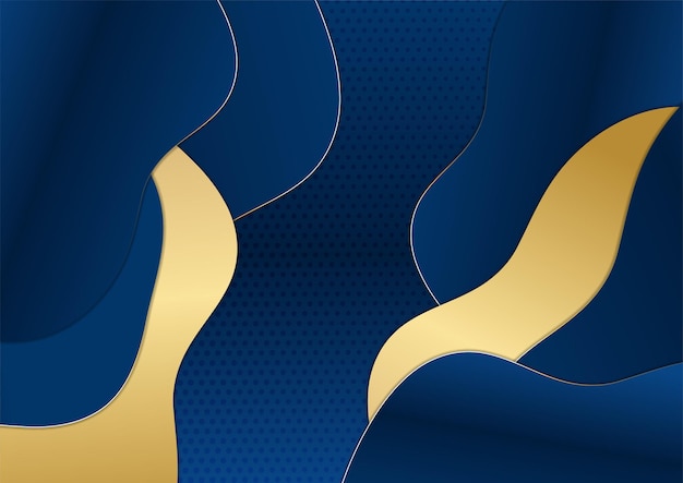 Formas curvas de color azul marino oscuro y dorado en el fondo con líneas de rayas doradas brillantes y brillo. Lujo y elegante. Diseño de plantilla abstracta. Diseño para presentación, banner, portada. Vector de moda
