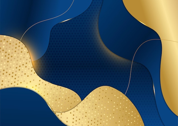 Formas curvas de color azul marino oscuro y dorado en el fondo con líneas de rayas doradas brillantes y brillo. Lujo y elegante. Diseño de plantilla abstracta. Diseño para presentación, banner, portada. Vector de moda