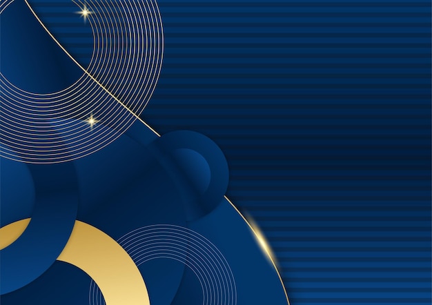 Formas curvas de color azul marino oscuro y dorado en el fondo con líneas de rayas doradas brillantes y brillo. Lujo y elegante. Diseño de plantilla abstracta. Diseño para presentación, banner, portada.