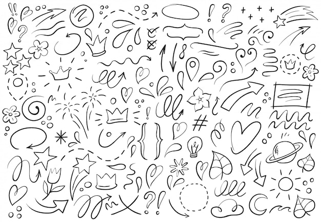 Formas decorativas dibujadas a mano. Esquema de corona, puntero de doodle y marco de corazón. Conjunto de ilustración de elementos de líneas de garabatos