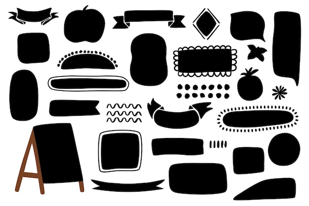 Formas dibujadas a mano negra esbozadas cintas de pizarra enmarcadas banners de borde áspero círculos conjunto de rectángulo ovalado elementos de diseño de vector de forma negra para inscripciones ilustración aislada de marco negro