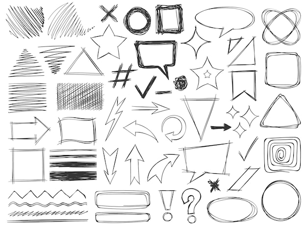 Formas de doodle. dibujos a lápiz, trazos de texturas monocromas, flechas y marcos, bordes y distintivos Formas de doodle. dibujos a lápiz, trazos de texturas monocromas, flechas y marcos, bordes y distintivos