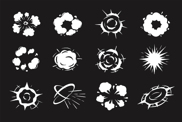 Formas de efecto de dibujos animados Puff Explosión radial ráfagas dinámicas de humo anillos de energía giratorios y siluetas abstractas explosivas Escena de acción Visuales de impacto de explosión conjunto vectorial aislado