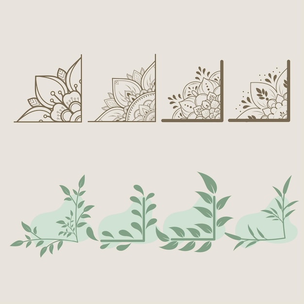 Formas de esquina floral con formas orgánicas Ilustración de marco de borde de hojas