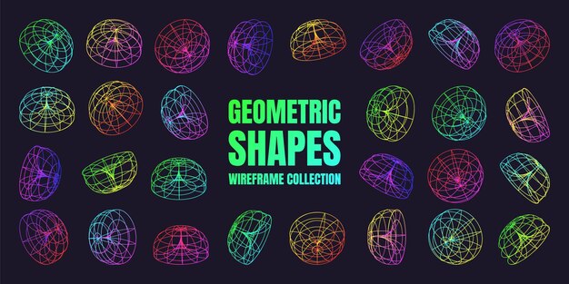 Formas de estructura de alambre alineadas con neón cuadrícula 3D de malla en perspectiva elementos poli geométricos bajos elementos de diseño futurista retro y2k vaporwave y estilo de onda sintética ilustración vectorial