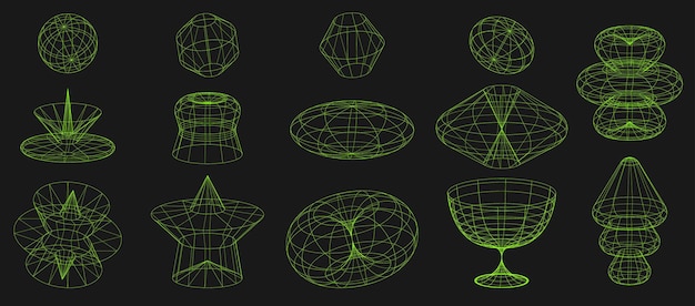 Vector formas de estructura metálica geométrica y cuadrículas en color verde neón formas abstractas 3d 00s y2k estética retro futurista