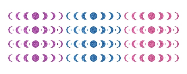 Vector formas de fases lunares con purpurina púrpura, azul y rosa.