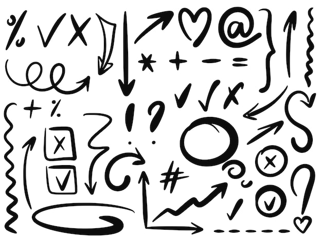 Formas de flechas y signos dibujados a mano para notas y diarios Doodle squiggle ink line wave highlight clipart