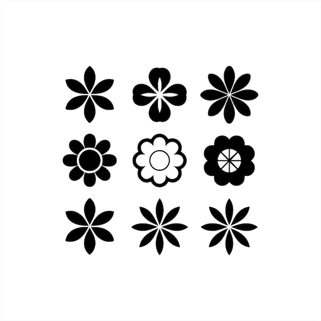 Formas de flores negras variadas en una cuadrícula