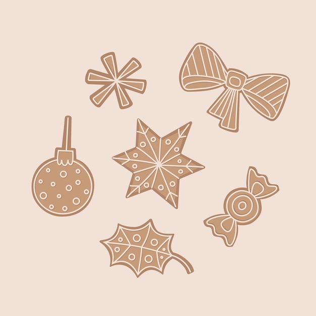 Las formas de las galletas de pan de jengibre de Navidad Pan de jengebre de invierno panadería tradicional casera dulces planos ilustración vectorial de dibujos animados