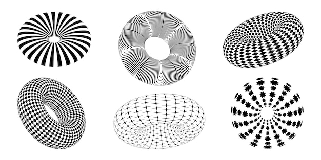 Formas geométricas 3d en blanco y negro Elementos de diseño tridimensional Estilo estético psicodélico de la década de 2000 Y2K kaybug Vector