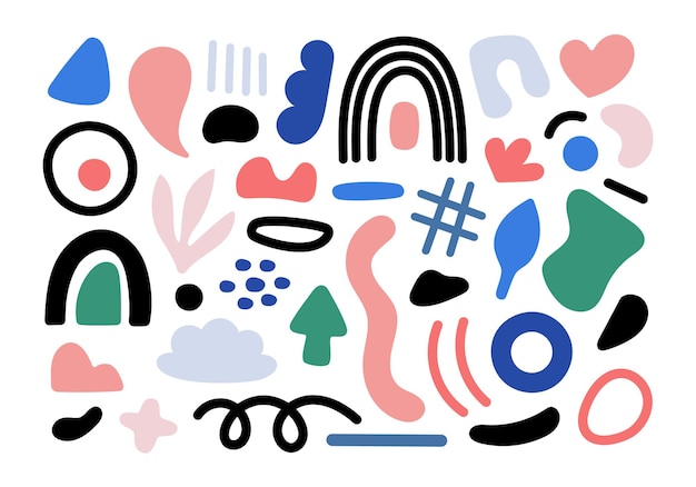 Formas geométricas abstractas Colección Vector Dibujado a mano varias formas y objetos de garabato Conjunto de estilo moderno contemporáneo abstracto Ilustración colorida de moda Textura de sello