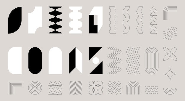 Formas geométricas abstractas Elementos de diseño en estilo brutalismo Minimalismo suizo Bauhaus Objetos decorativos planos y de contorno simples Ilustración vectorial aislada en blanco y negro