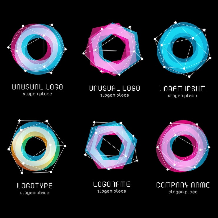 Vector formas geométricas abstractas inusuales conjunto de logotipos vectoriales colección de logotipos coloridos poligonales en el fondo negro