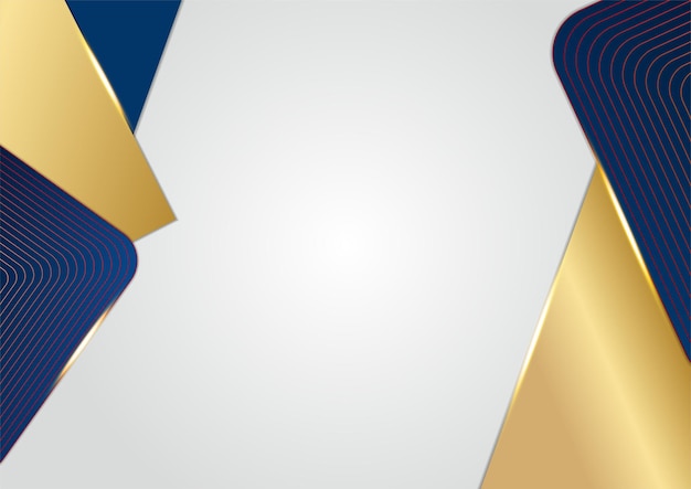 Formas geométricas abstractas de lujo azul oscuro y oro sobre fondo gris. Plantilla de diseño vectorial moderno para fondo de presentación, certificado, tarjeta de visita, banner, volante y mucho más