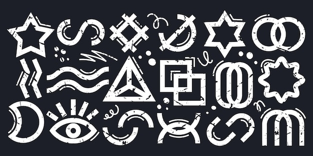 Formas geométricas abstractas con textura grunge sobre un fondo negro